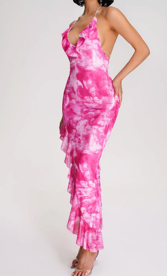 Pink Paradise Tie-Dye Halter Maxi Dress